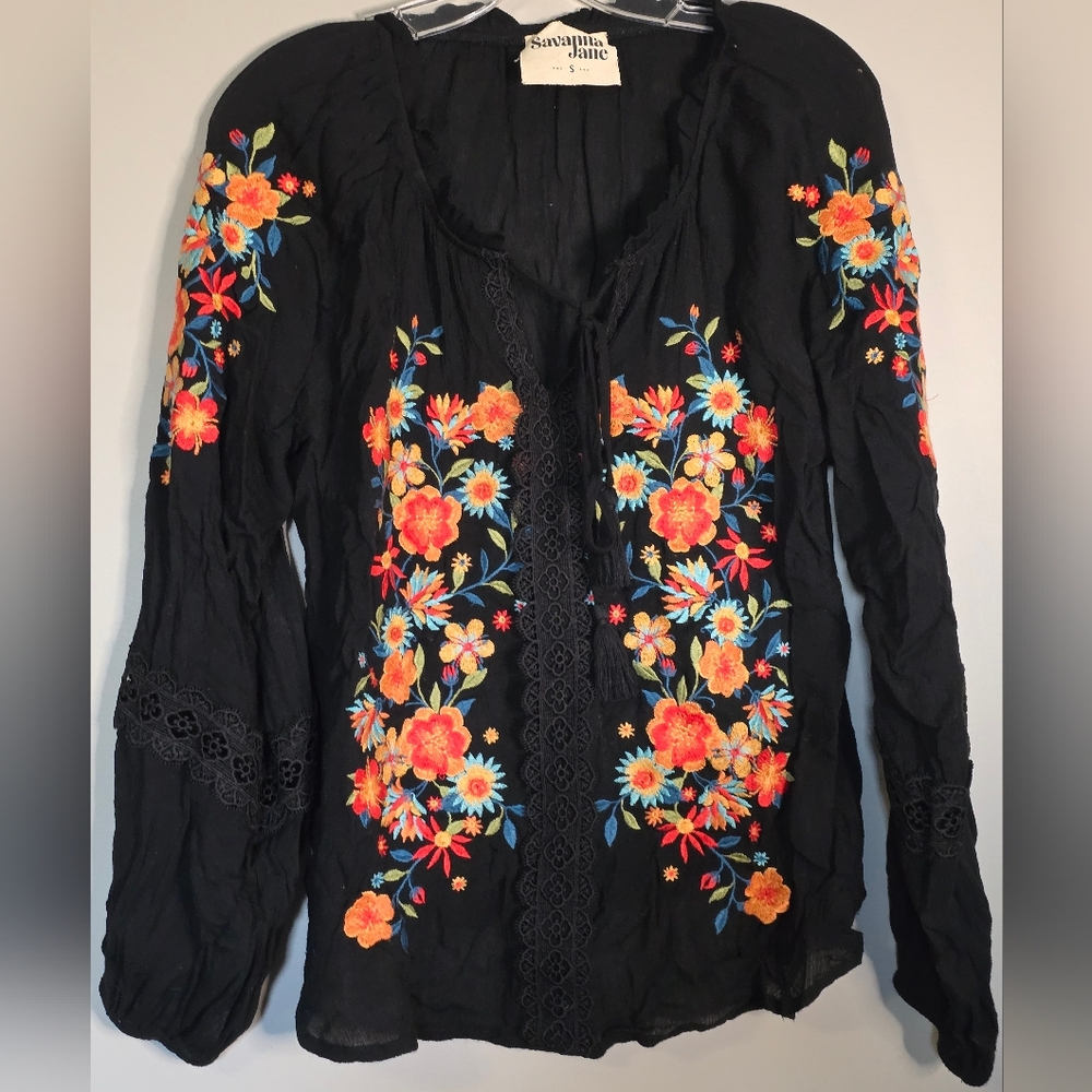 Savanna Jane Black Floral Embroidered Boho Peasant Blouse